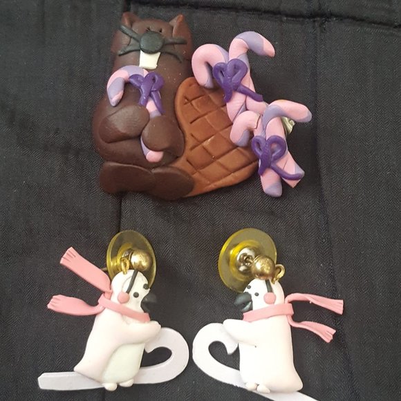 Vintage 90's Polymer Clay Brooch and 2 Sets of Earrings - Picture 1 of 3